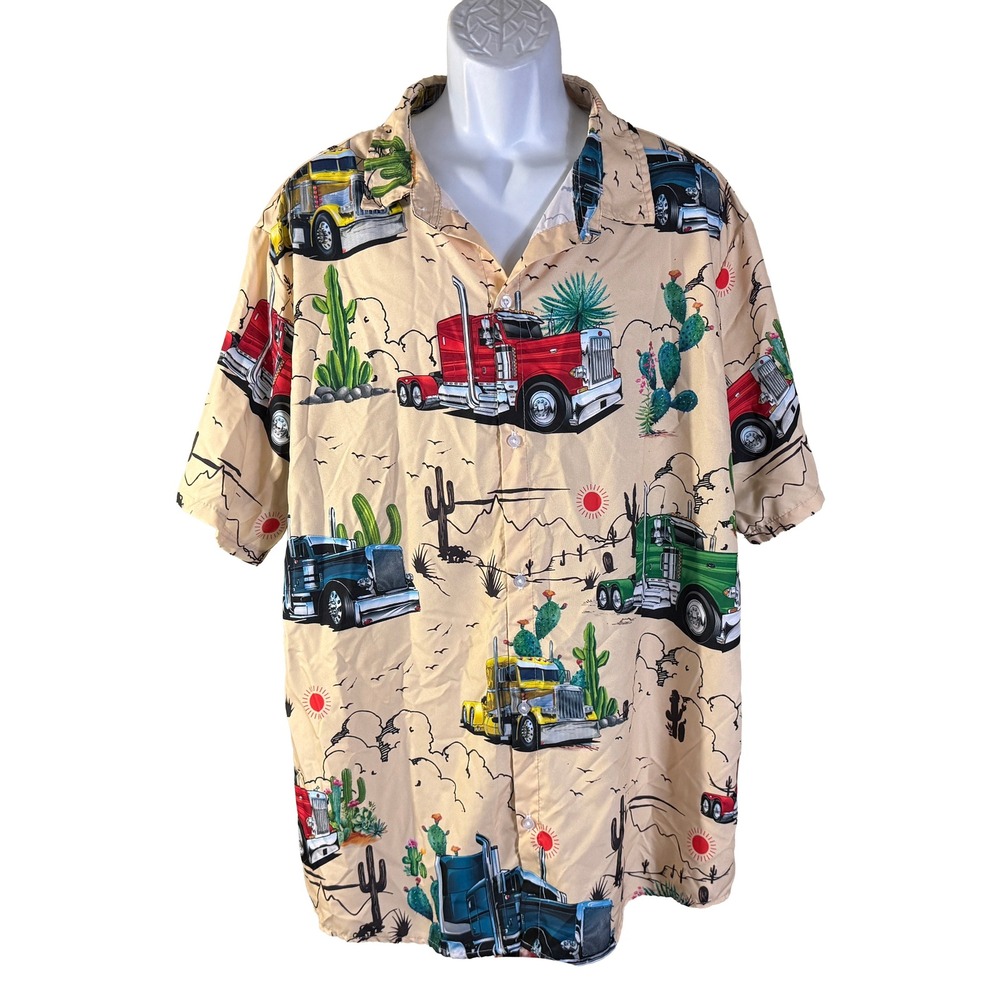GarmentOne Button Down Shirt Mens XL Tan Semi Truck Desert Cactus Novelty Print‎